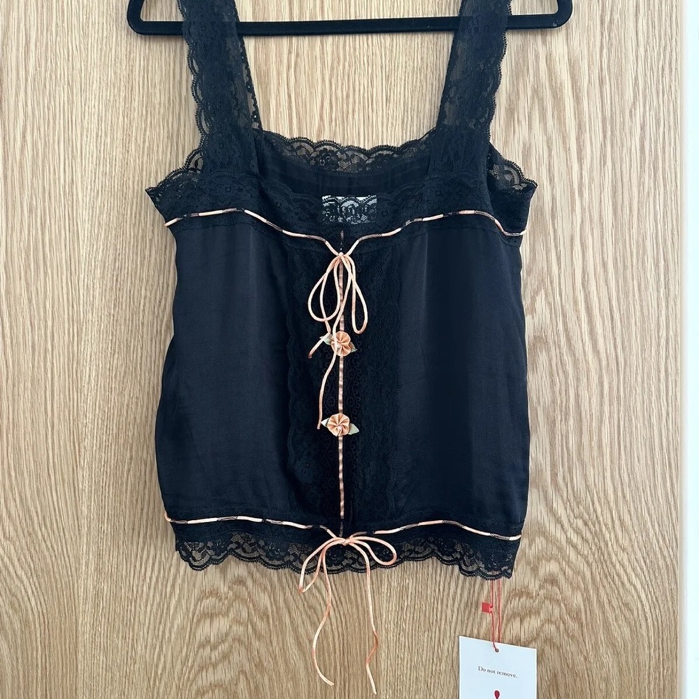 ROUJE TOP CAMI BRAND NEW WITH TAGS SUMMER LACE ROSE SILK BLACK PINK UK10 M EU38 - Picture 9 of 11